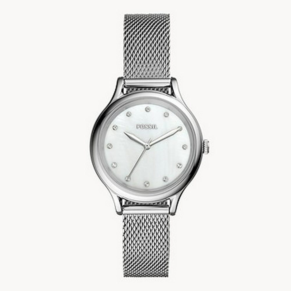 NEW AUTHENTIC FOSSIL LANEY SILVER MESH MOTHER OF PEARL WOMEN'S BQ3390 WATCH